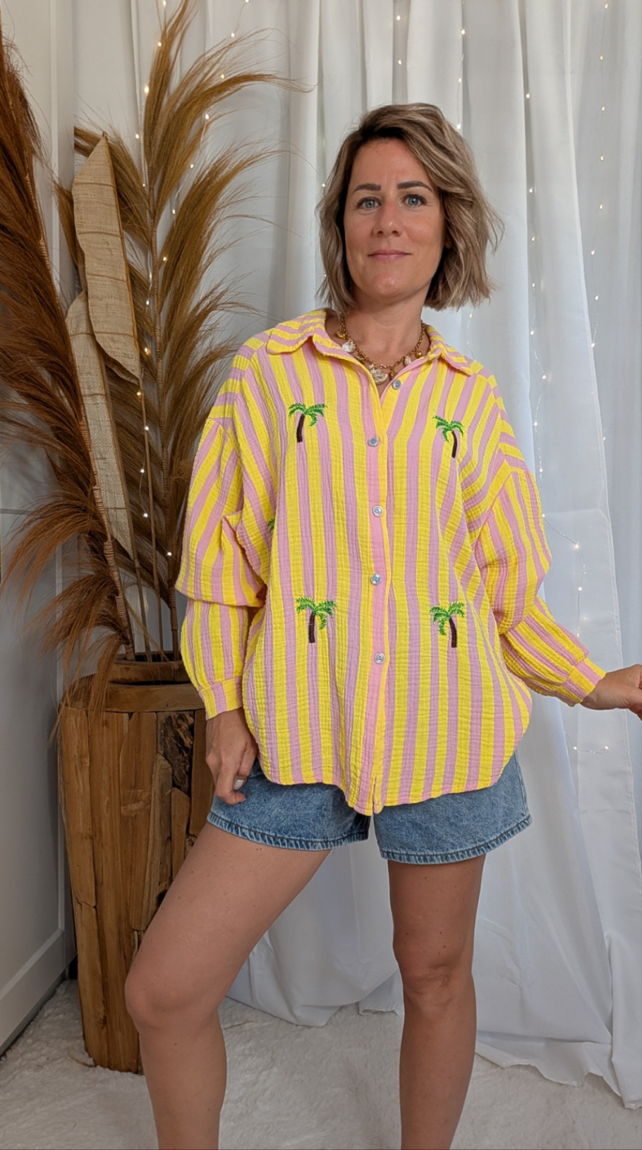 Chemise rayée jaune, rose avec palmiers - Raya