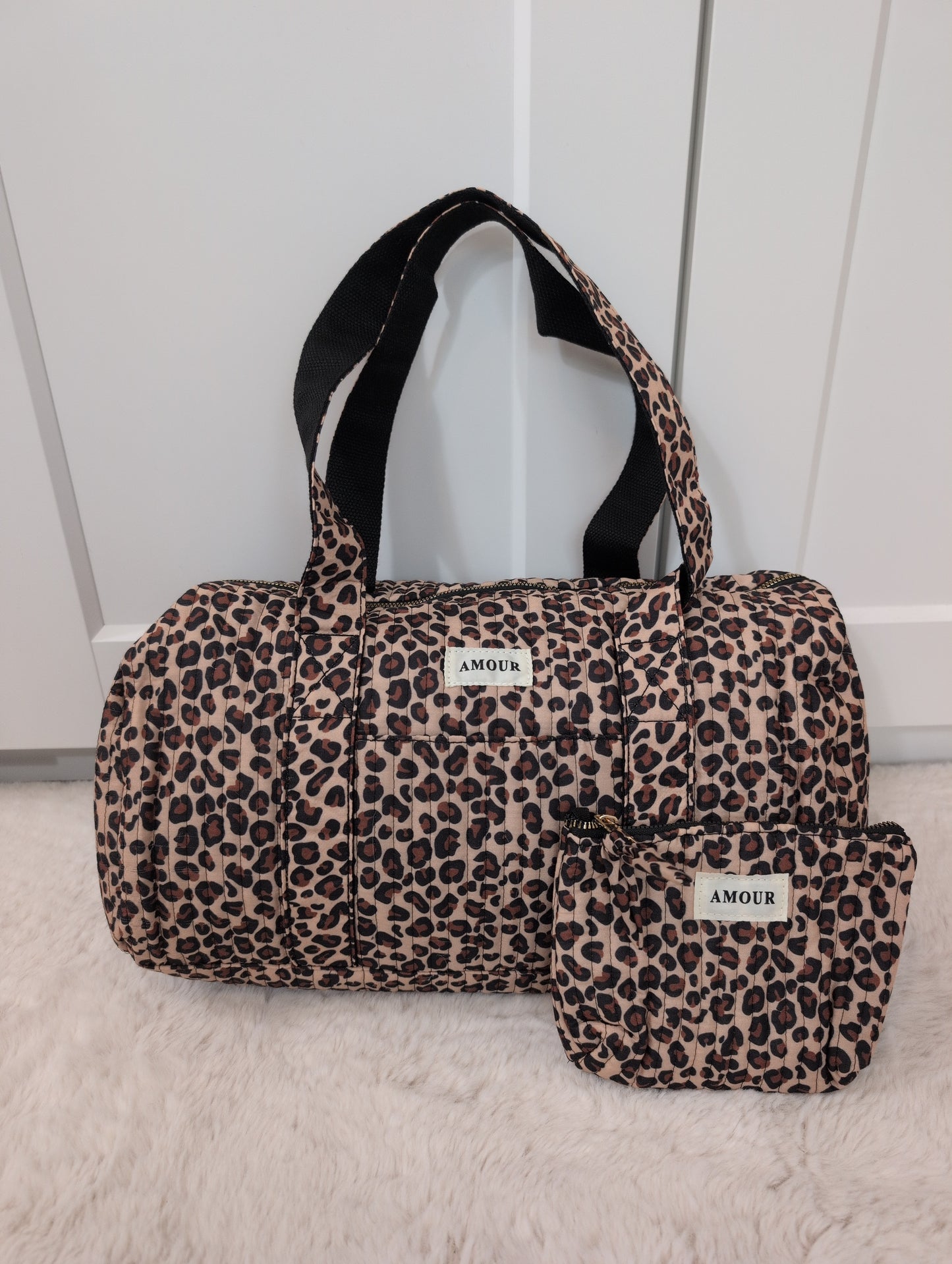 Sac polochon en coton imprimé léopard avec étiquette 'AMOUR'