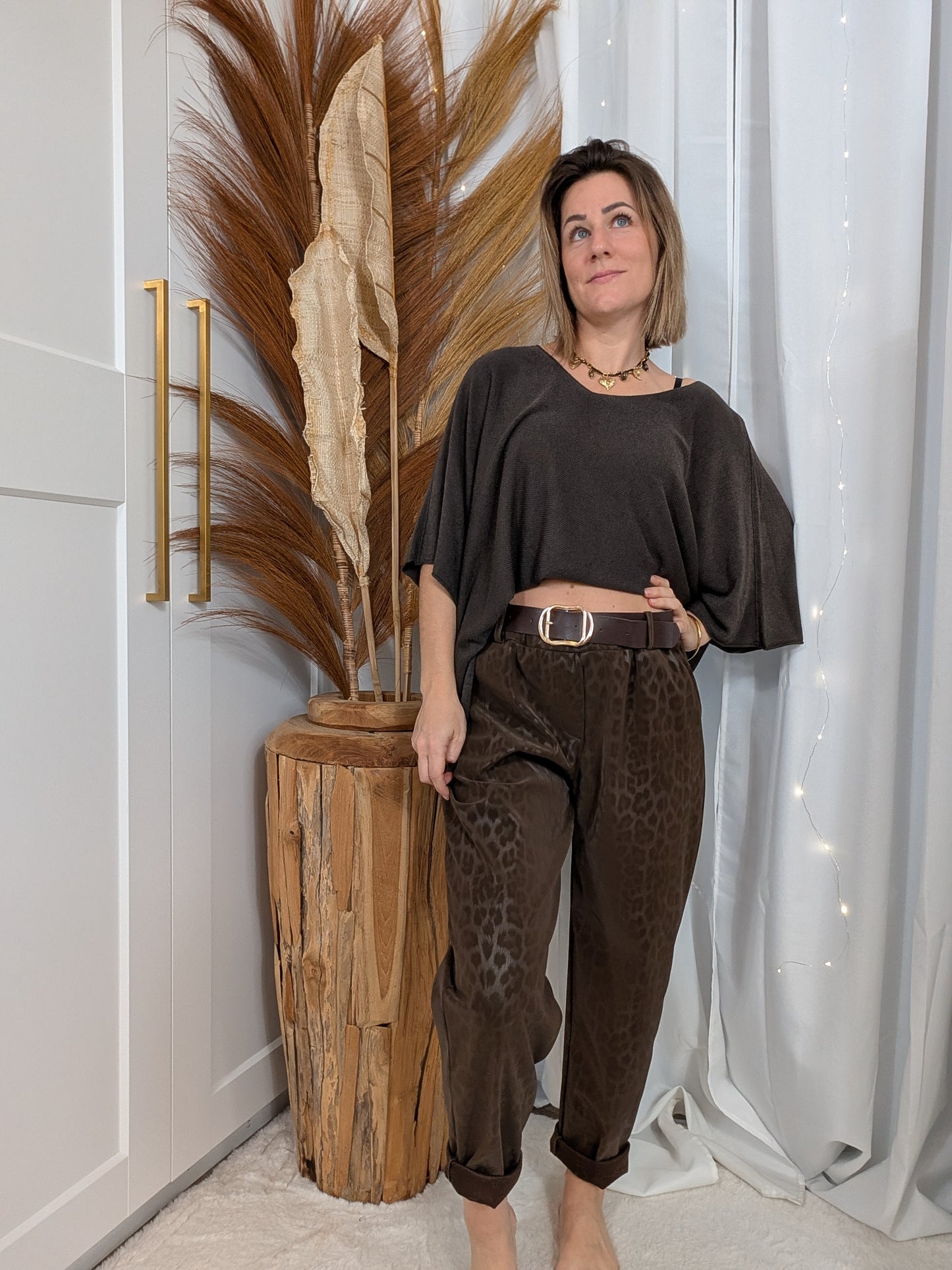 Pantalon léopard aspect huilé marron