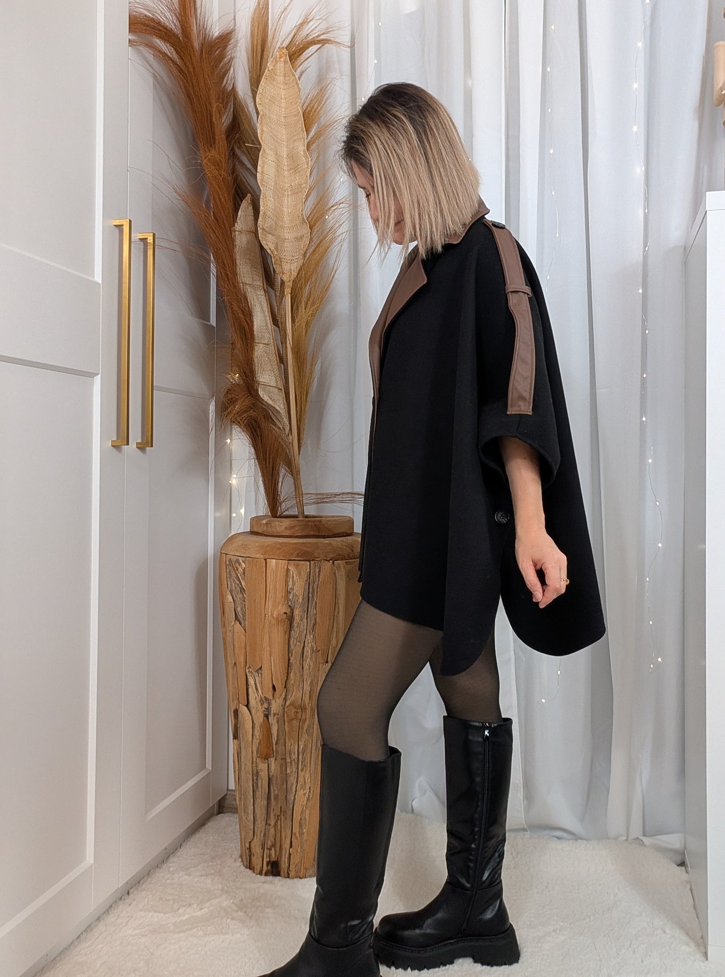 Poncho Carla bi-matière noir-choco