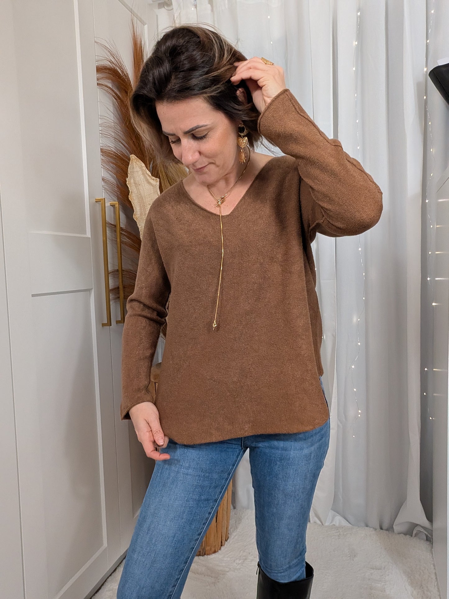Pull col en V fine maille camel
