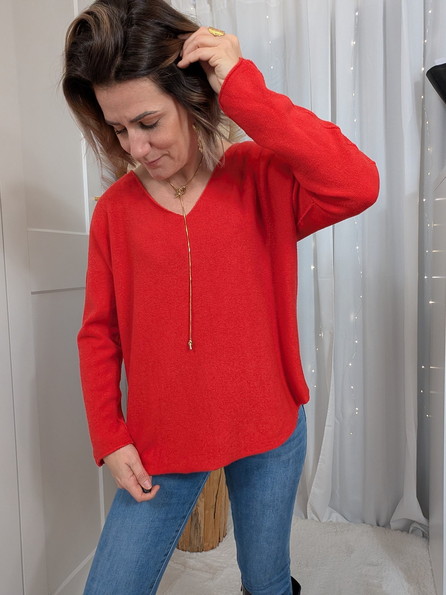 Pull col en V fine maille rouge clair