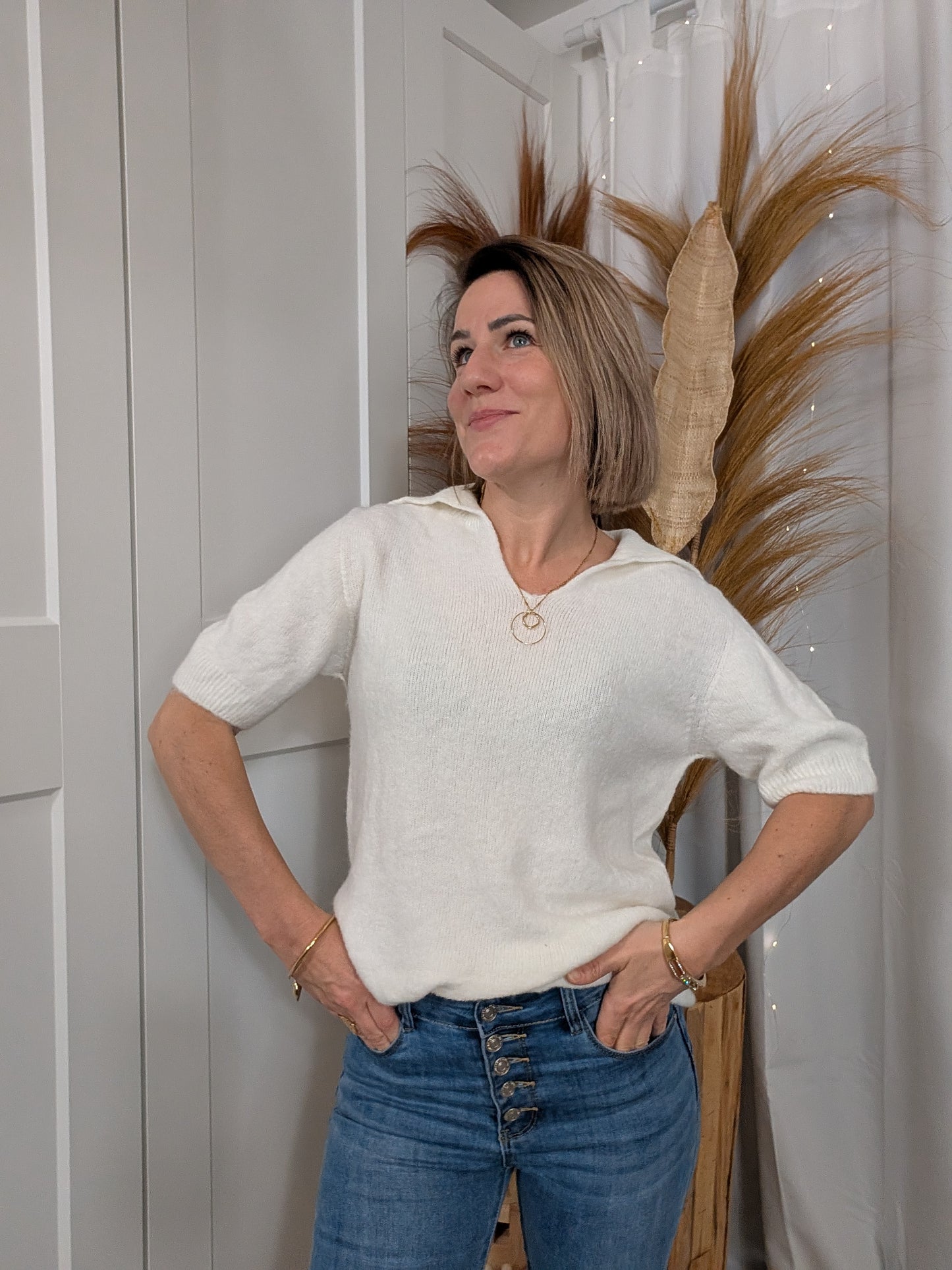 Pull à col revers blanc