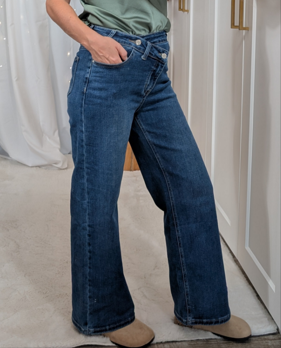 Jean bleu foncé large large taille haute croisée - Best NOUVEAU