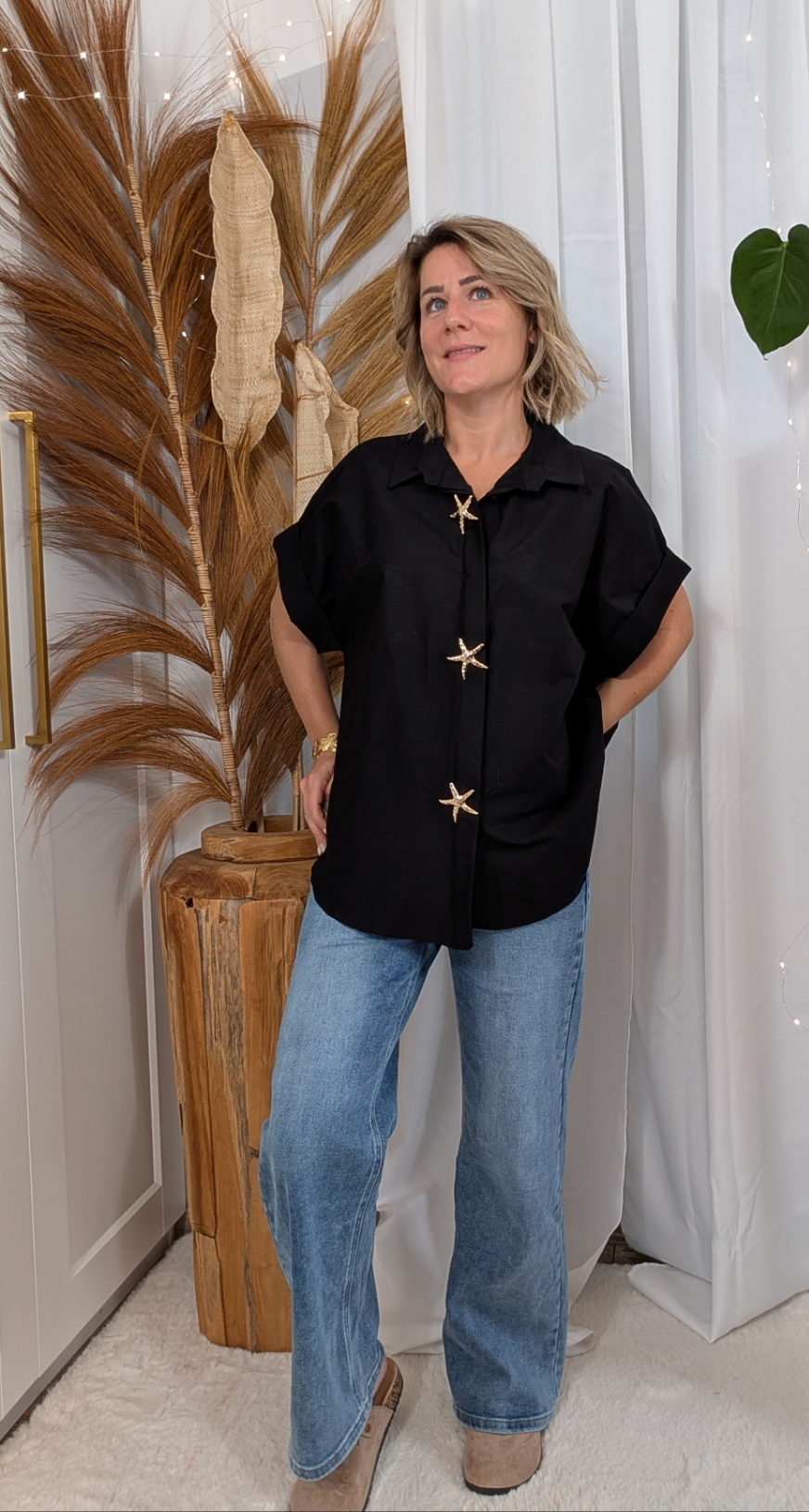 Chemise oversize noir - Broche étoile de mer