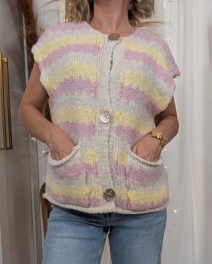 Gilet sans manche rose, jaune - Rayé