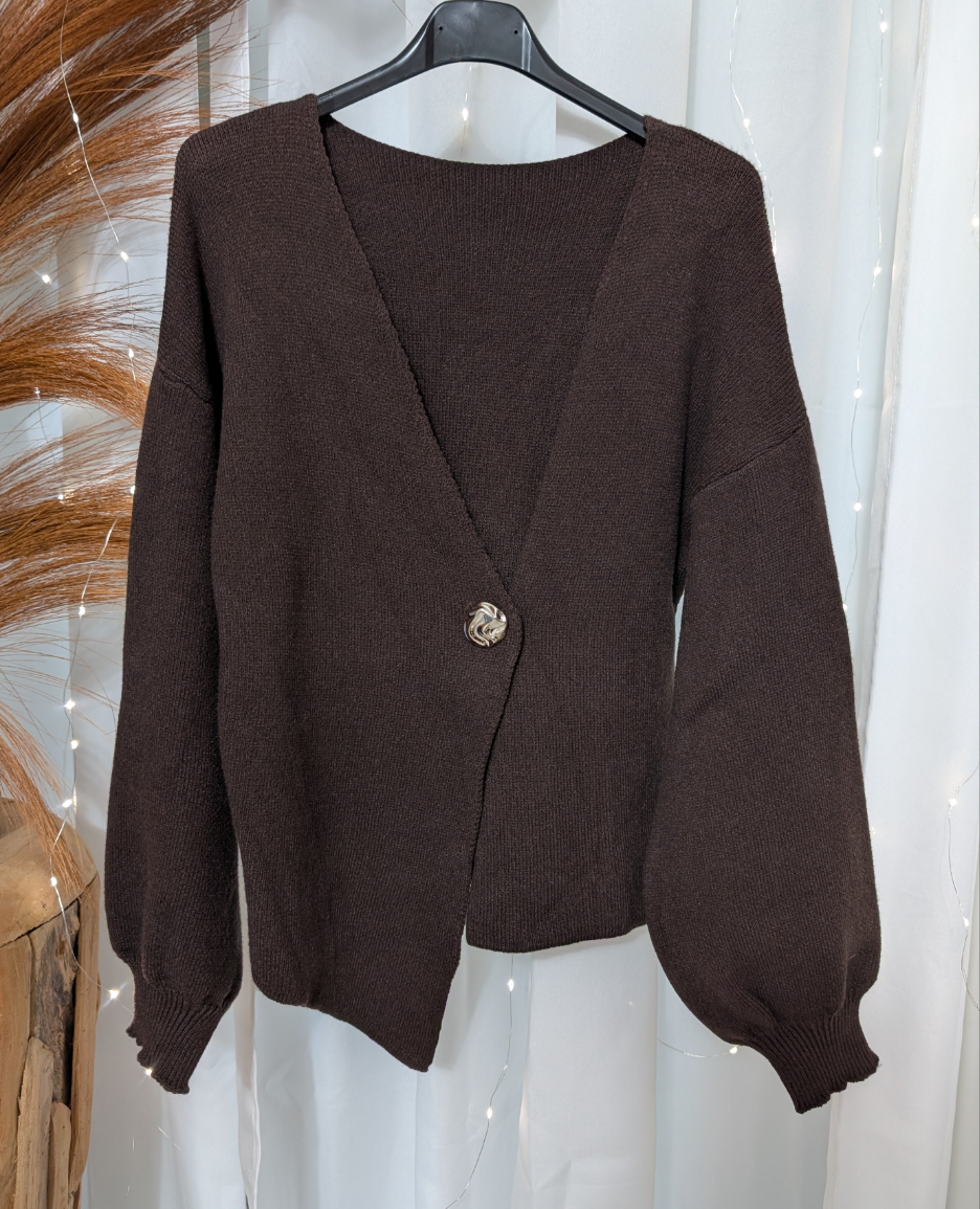 Gilet maille bouton doré, choco