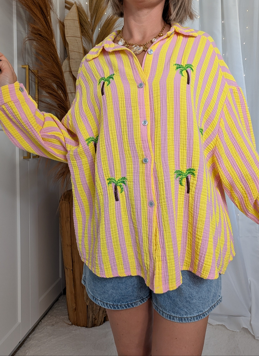 Chemise rayée jaune, rose avec palmiers - Raya