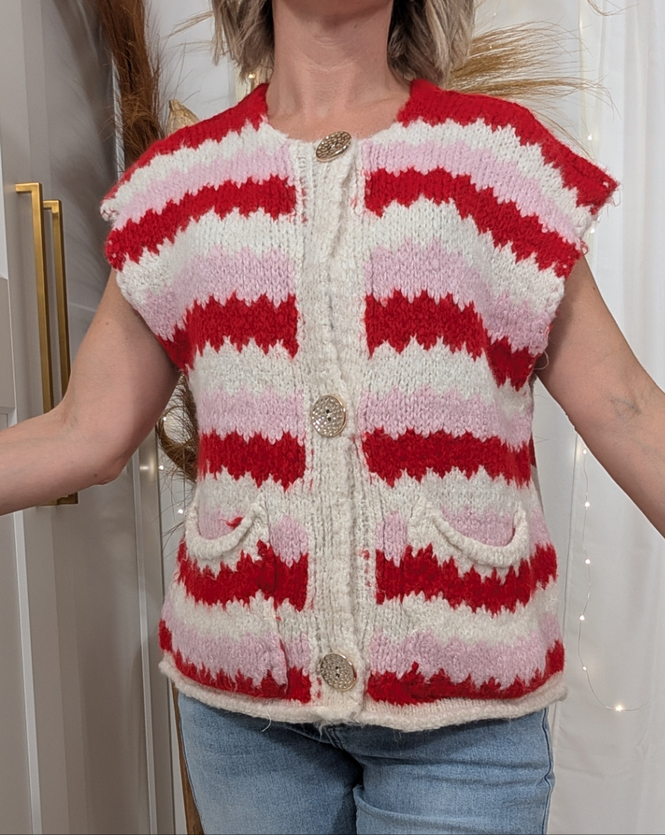 Gilet sans manche rouge, rose - Rayé