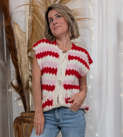 Gilet sans manche rouge, rose - Rayé