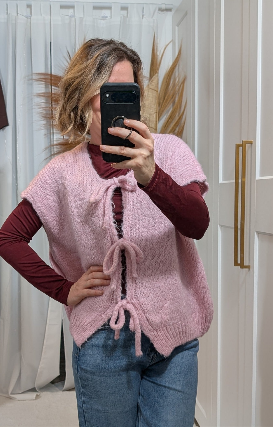 Pull manches courtes à noeud en laine rose