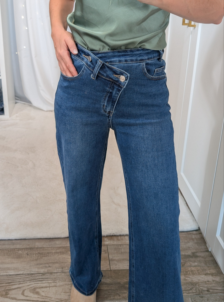 Jean bleu foncé large large taille haute croisée - Best NOUVEAU