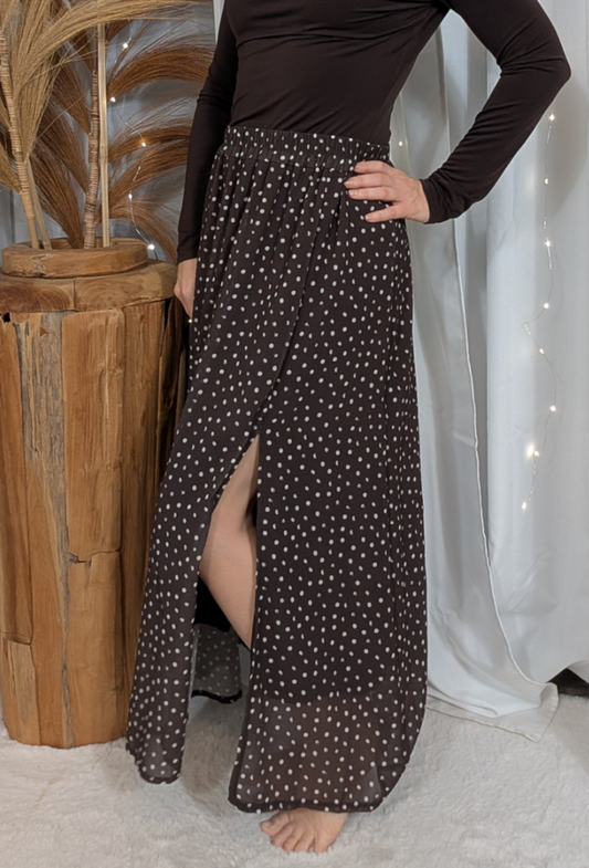 Jupe longue plissée choco à pois