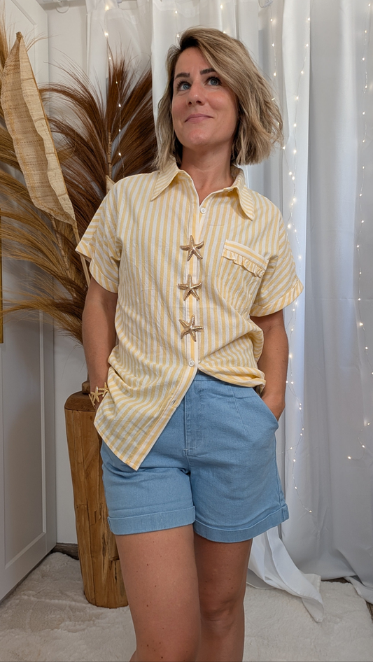 Chemise en coton à rayure jaune avec broches étoiles - Fatou