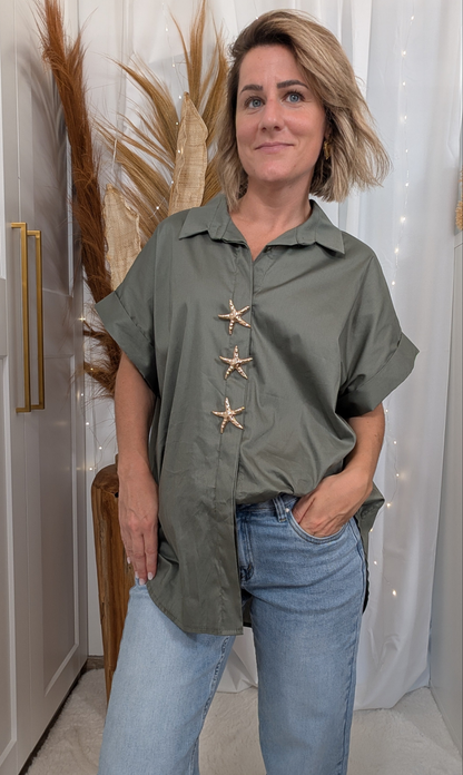 Chemise oversize kaki - Broche étoile de mer
