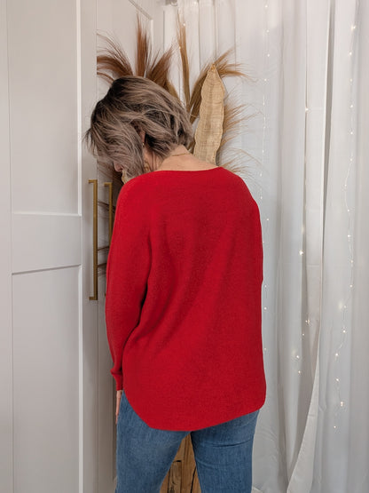 Pull col en V fine maille rouge cerise
