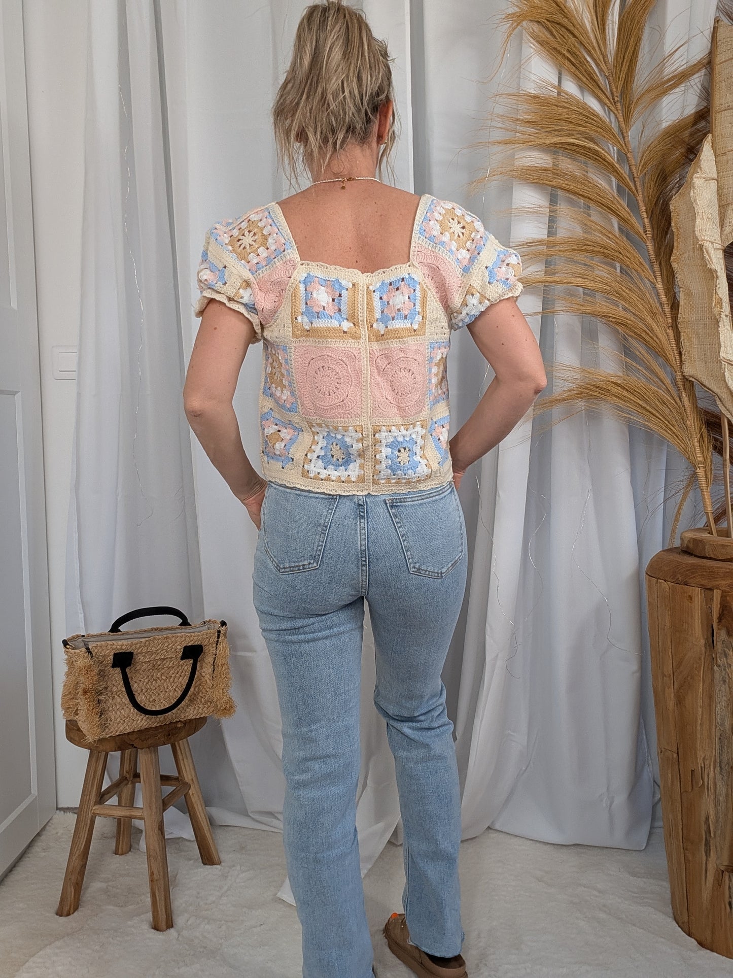 Jean coupe droite à motif petites fleurs blanches - Paquerette