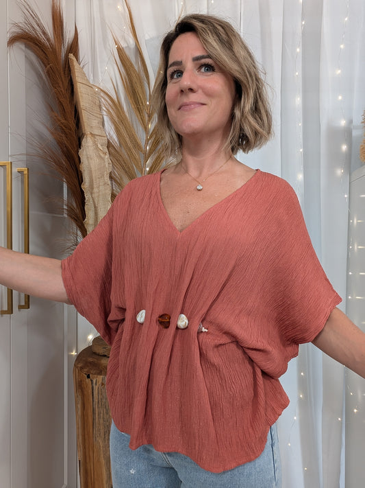 Top terracota à manche courtes avec bijoux à perles - Nancy