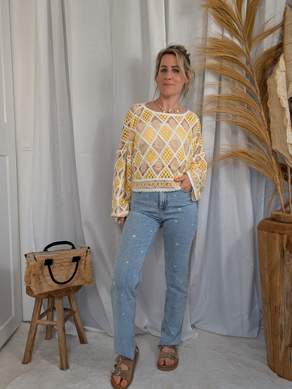 Jean coupe droite à motif petites fleurs blanches - Paquerette