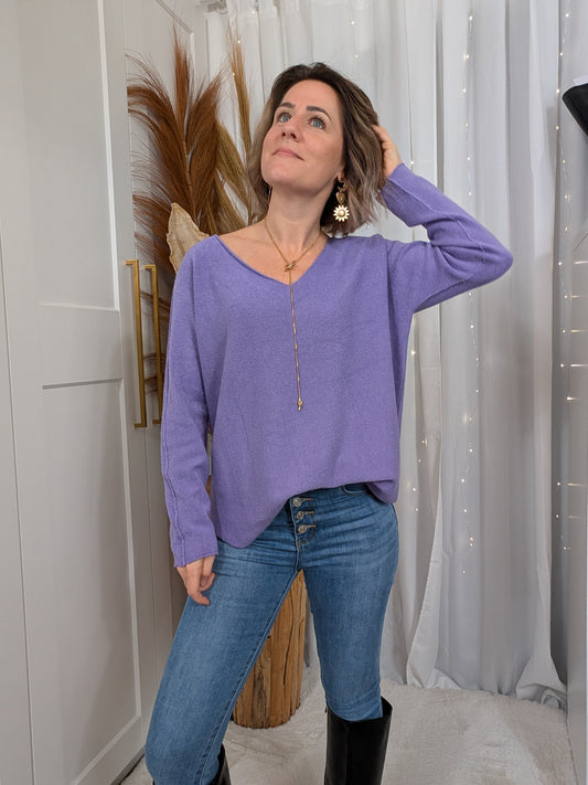 Pull col en V fine maille lilas