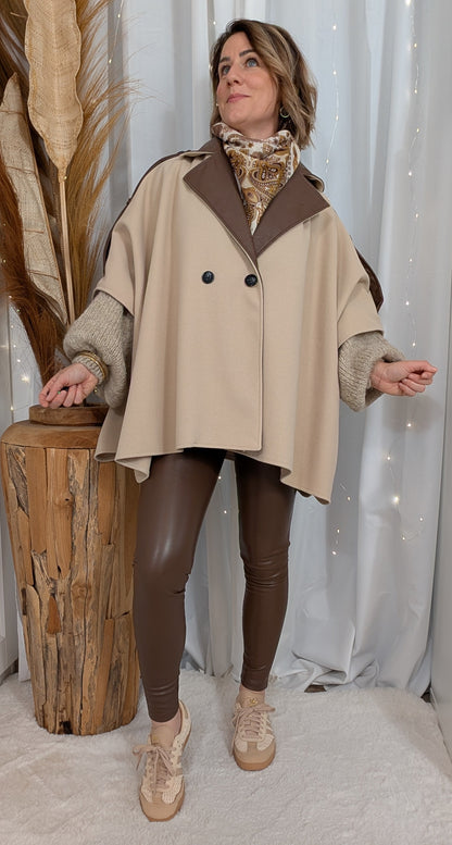 Poncho Carla bi-matière beige-choco