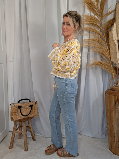 Jean coupe droite à motif petites fleurs blanches - Paquerette