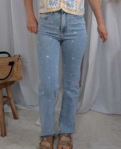 Jean coupe droite à motif petites fleurs blanches - Paquerette