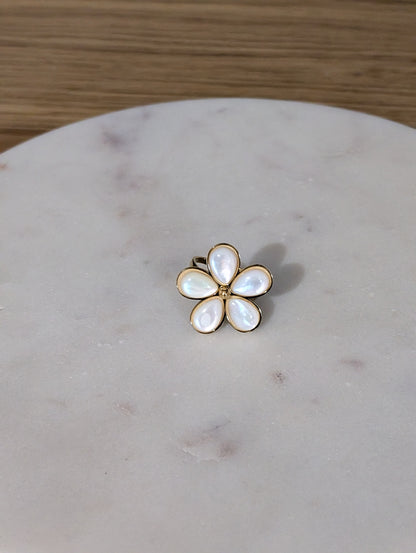 Bague ajustable, acier inoxydable, fleur nacre