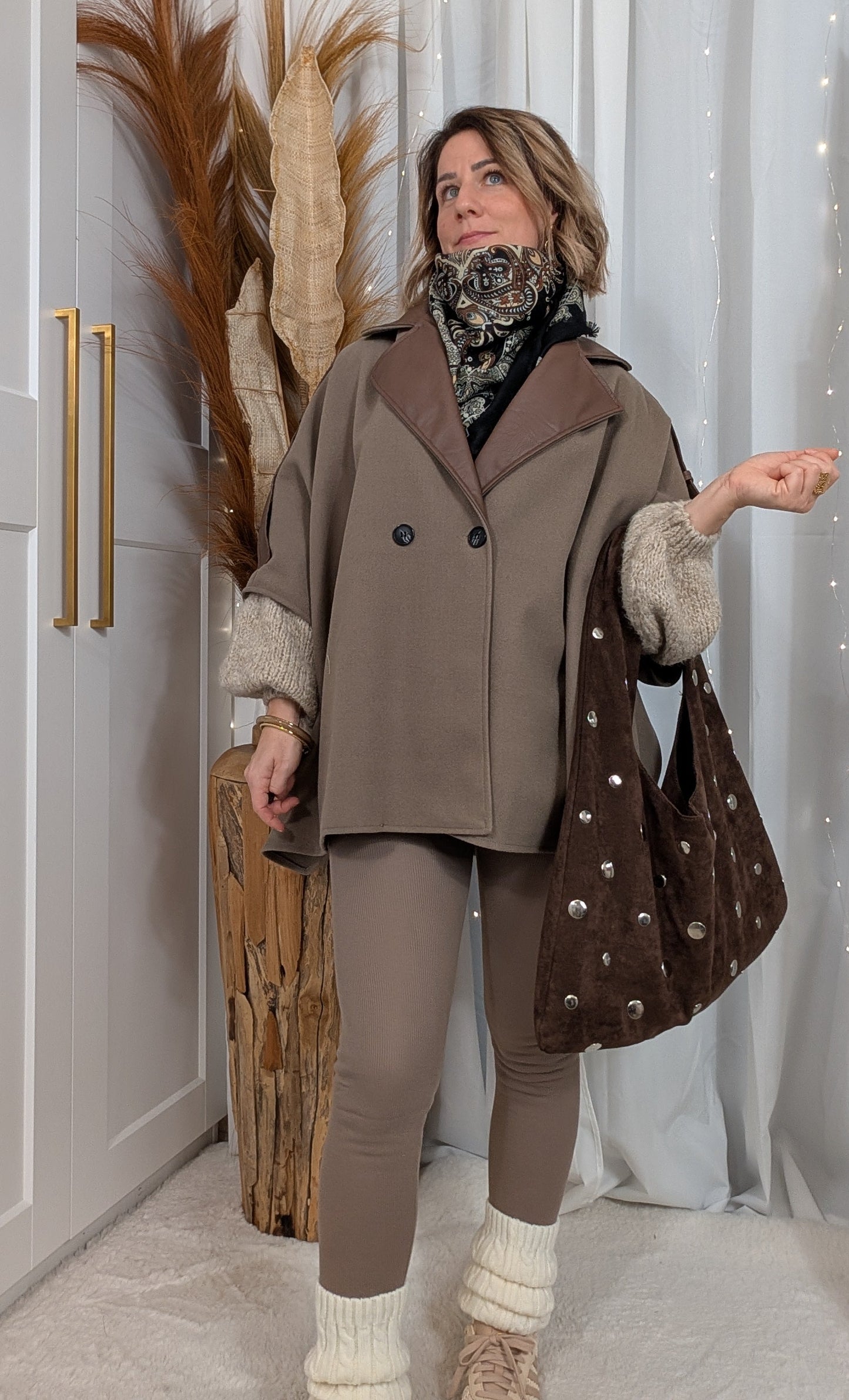 Poncho Carla bi-matière taupe-choco