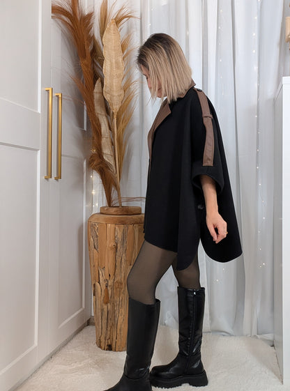 Poncho Carla bi-matière noir-choco