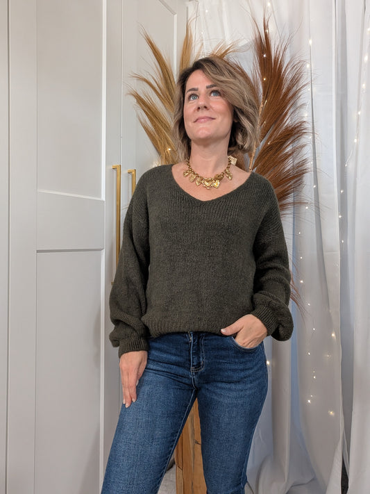 Pull uni très doux à manches longues kaki - Célia