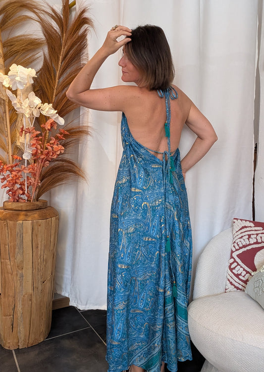 Robe dos nu turquoise pompoms vert
