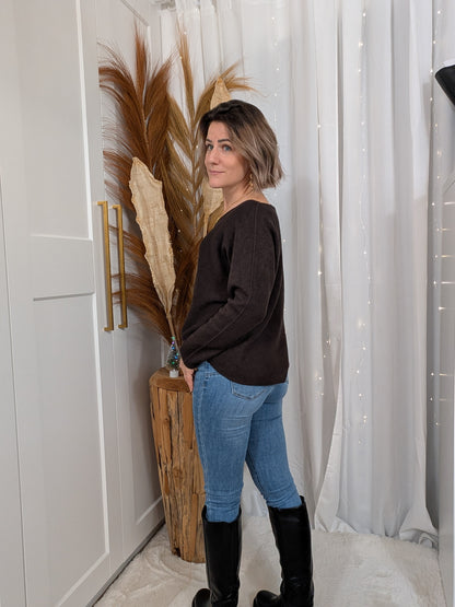 Pull col en V fine maille chocolat