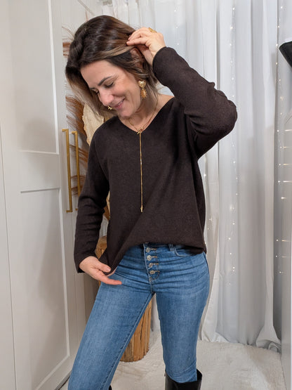 Pull col en V fine maille chocolat