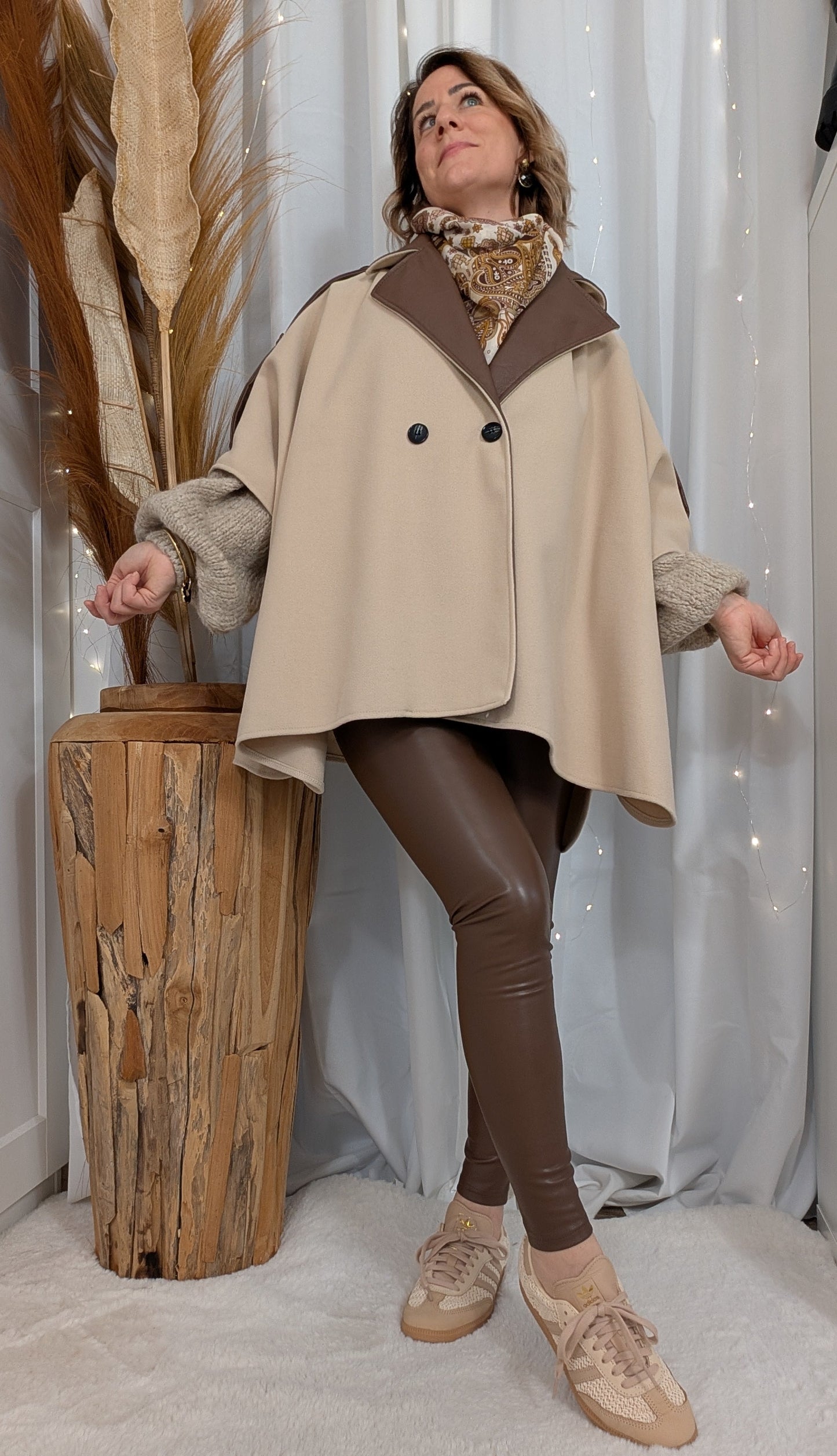 Poncho Carla bi-matière beige-choco