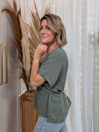 Top kaki à manche courtes avec bijoux à perles - Nancy