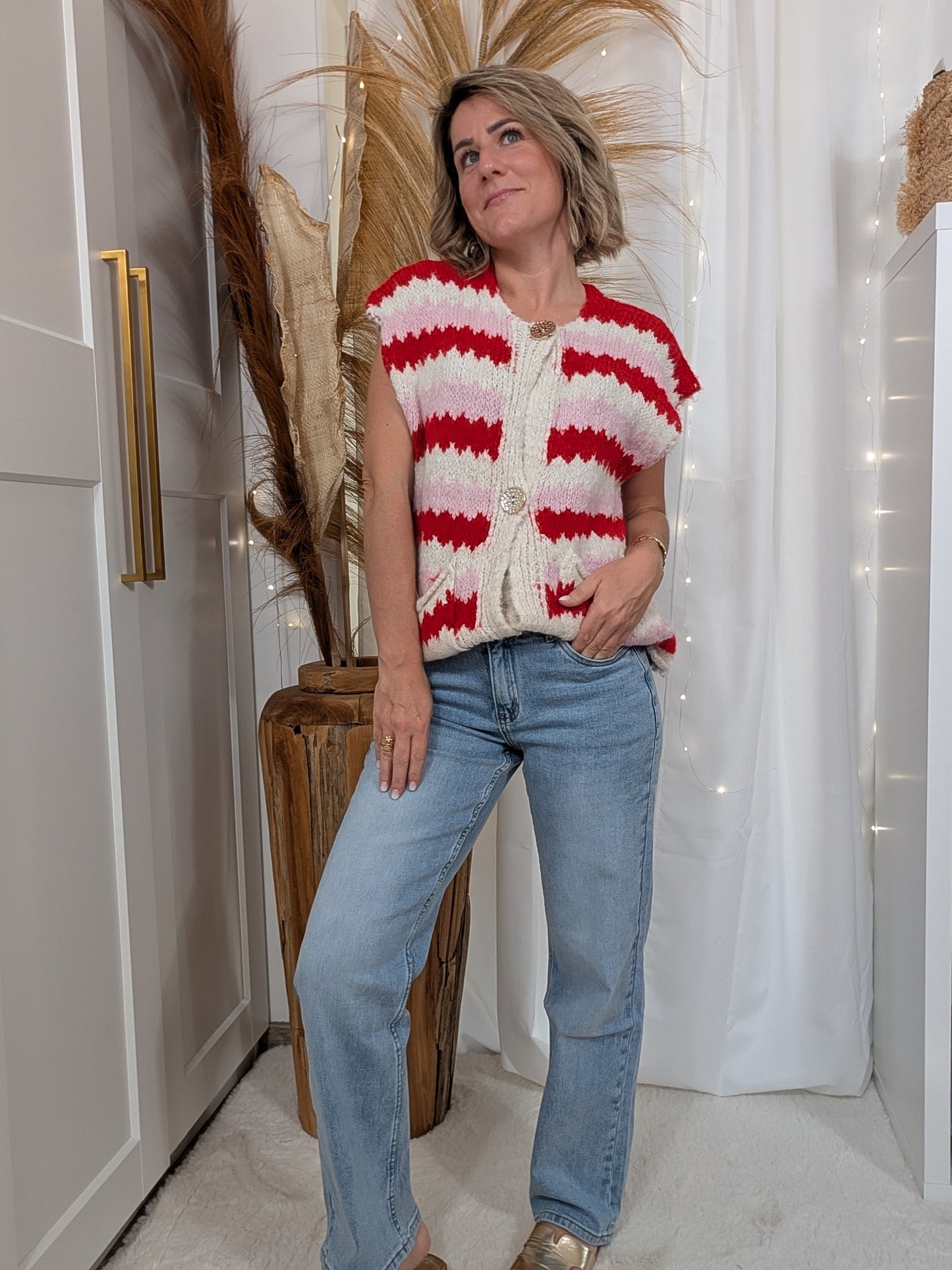 Gilet sans manche rouge, rose - Rayé