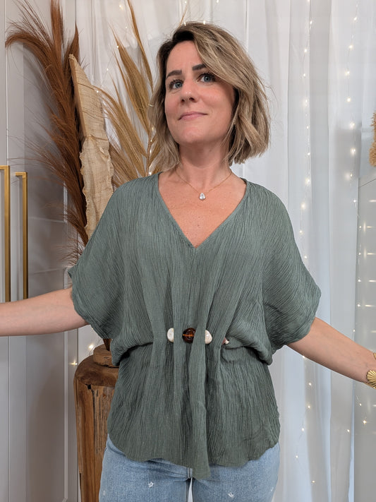 Top kaki à manche courtes avec bijoux à perles - Nancy