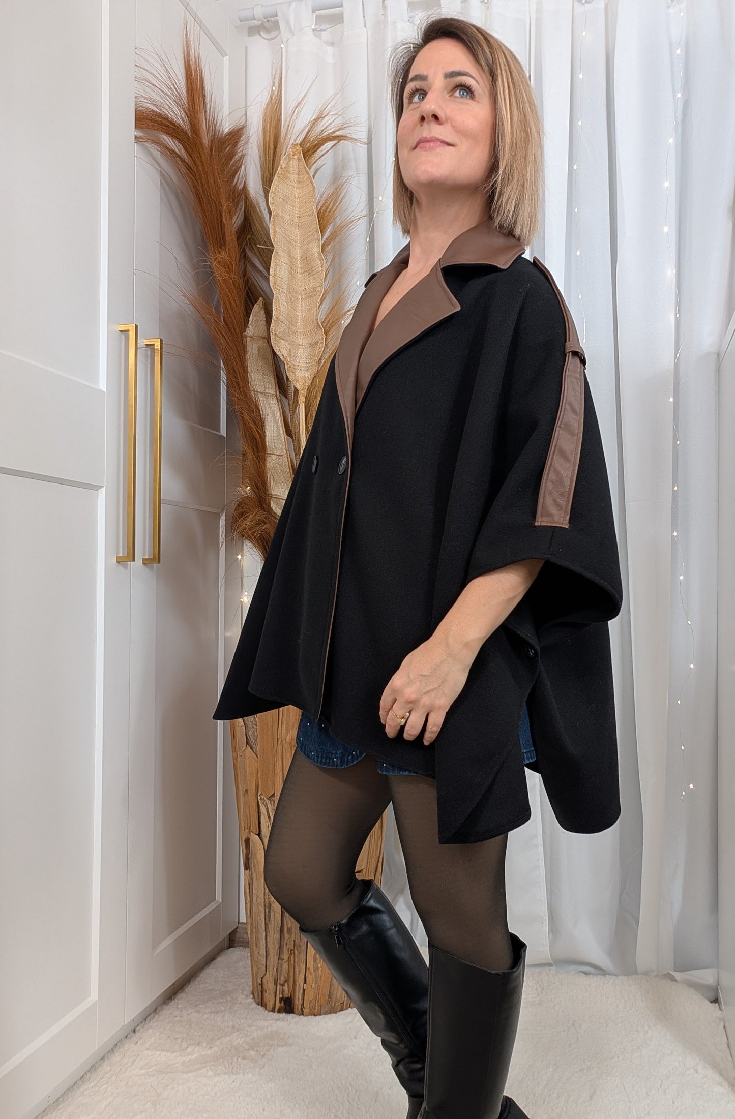 Poncho Carla bi-matière noir-choco