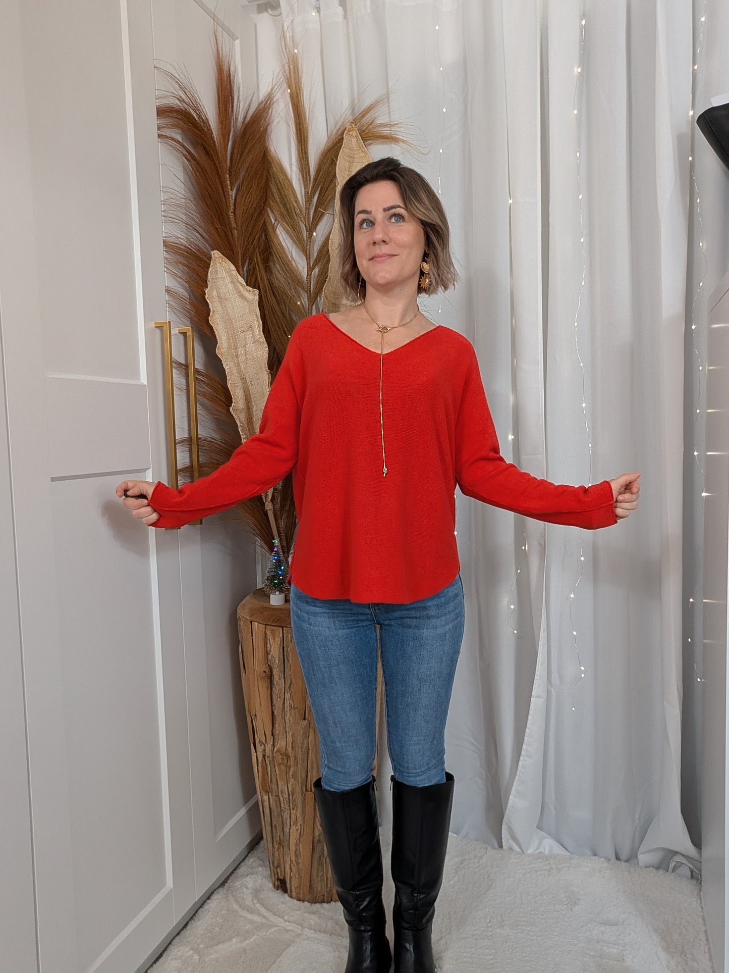 Pull col en V fine maille rouge clair