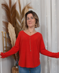 Pull col en V fine maille rouge clair