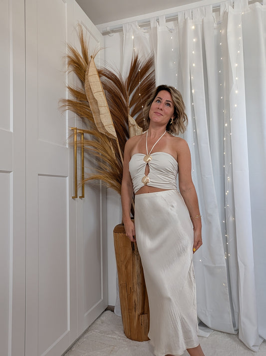 Jupe longue satiée effet soie, beige - Emilie