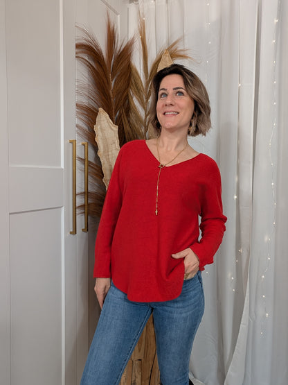 Pull col en V fine maille rouge cerise
