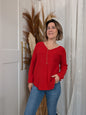 Pull col en V fine maille rouge cerise