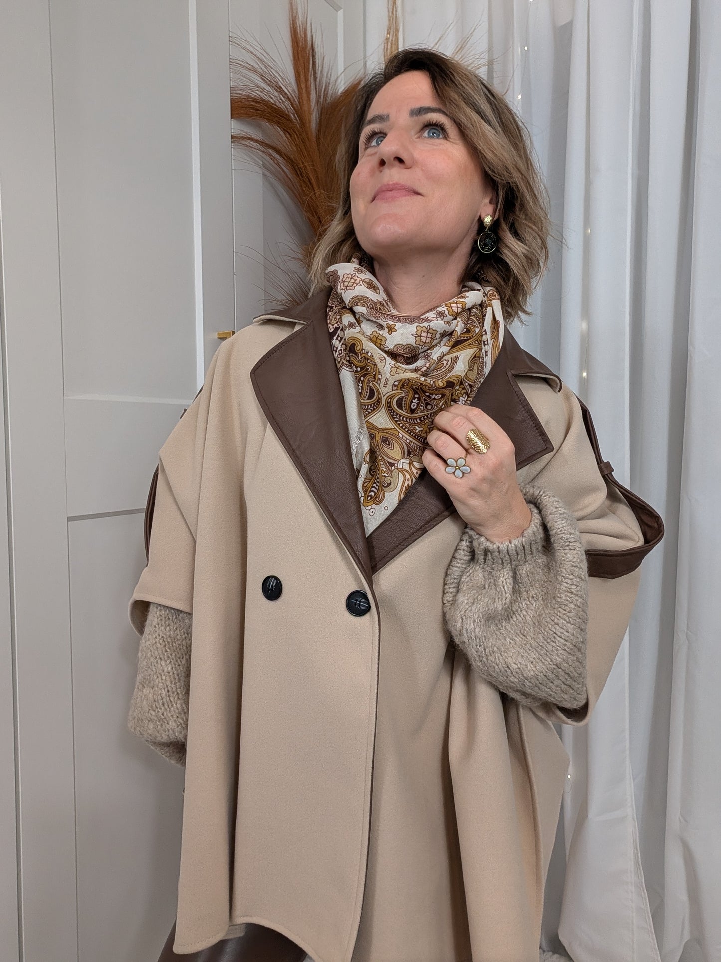 Poncho Carla bi-matière beige-choco