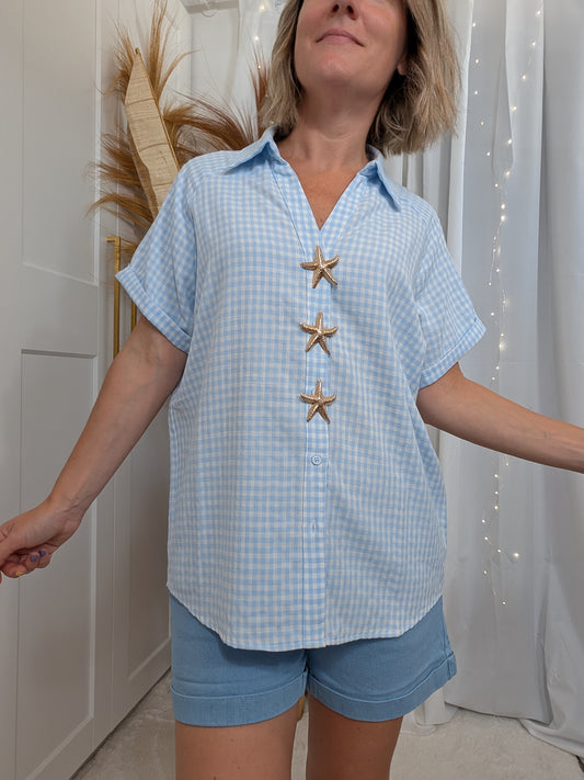 Chemise en coton vichy, broches étoiles - Catherine