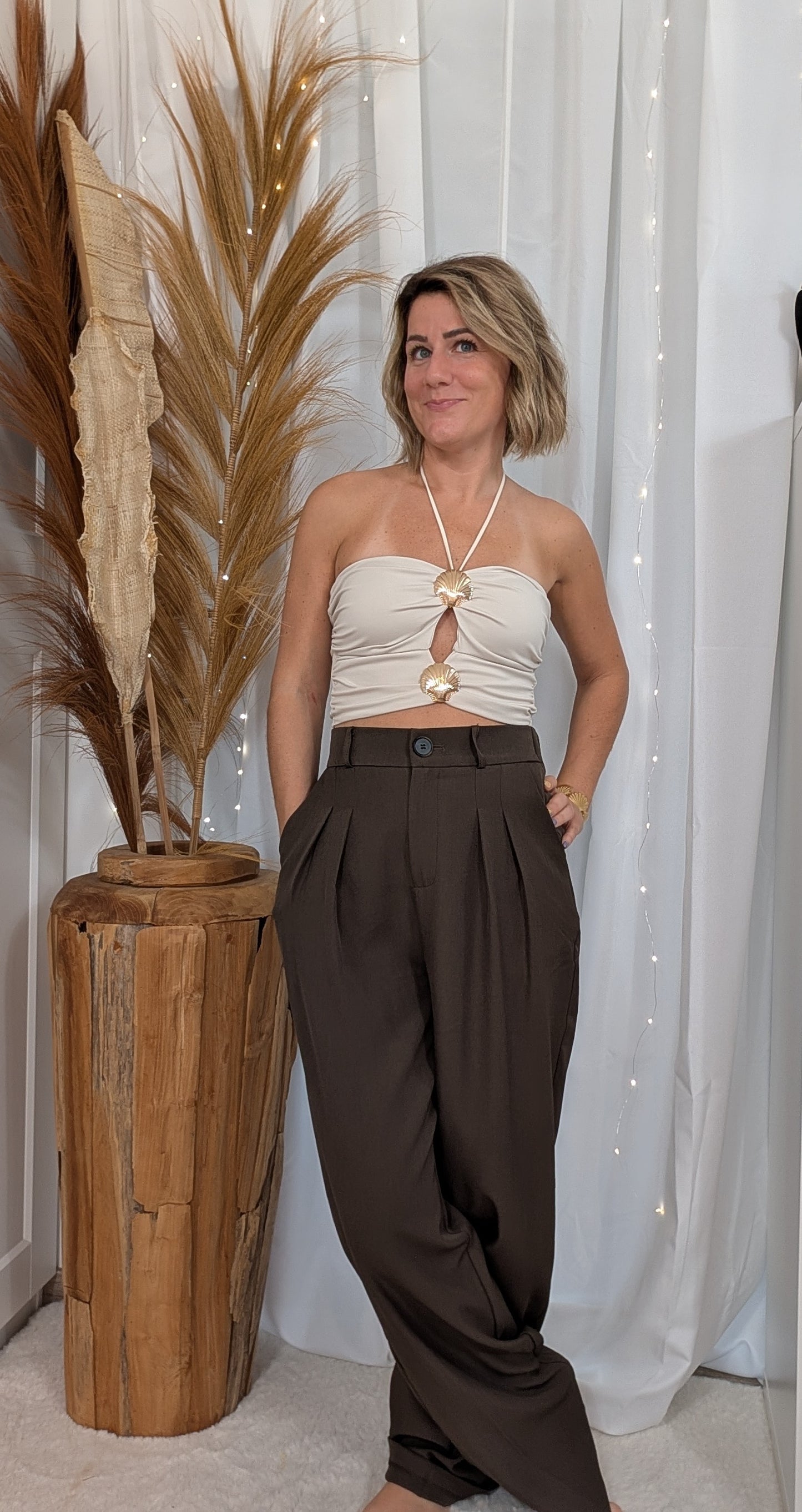 Pantalon choco large fluide taille haute - Alexia