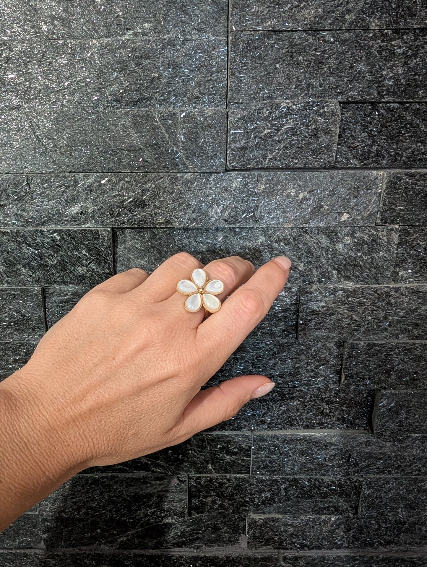 Bague ajustable, acier inoxydable, fleur nacre