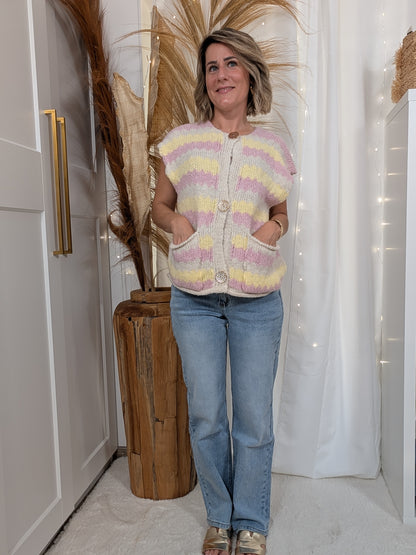 Gilet sans manche rose, jaune - Rayé