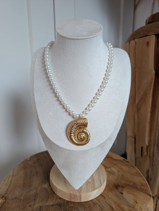 Collier acier inoxydable, perles, escargot doré - Mélissa